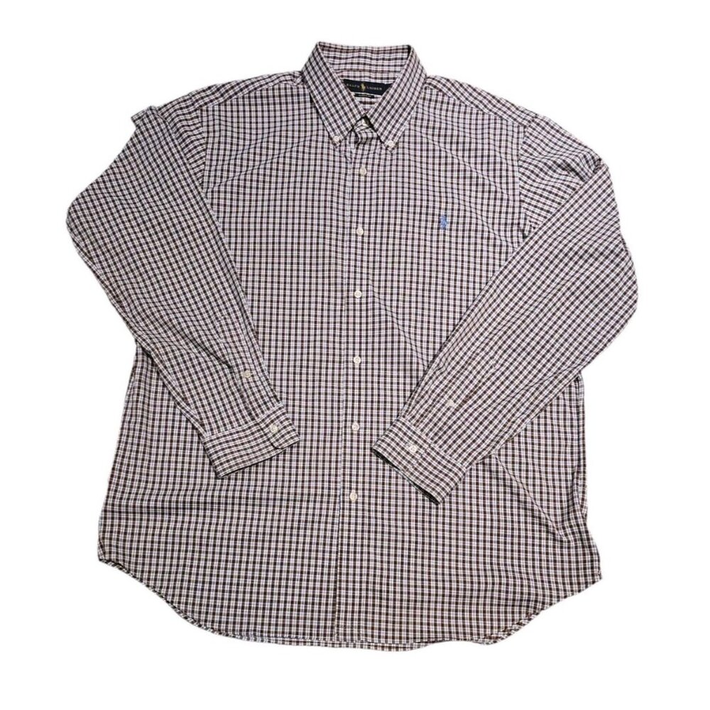 Polo Ralph Lauren Shirt Mens XL Brown White Gingham Plaid Long Sleeve Pony